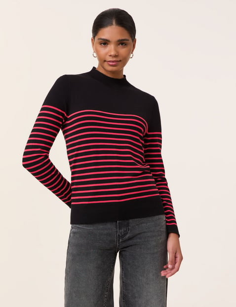 TAIFUN Damen Pullover mit Streifen-Dessin Langarm Turtleneck Viskose Schwarz gestreift von Taifun