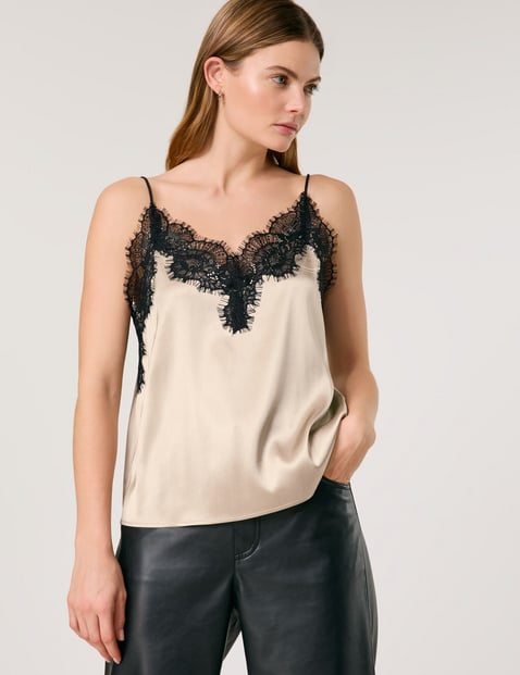 TAIFUN Damen Satin-Top mit Spitze 56 cm Bluse V-Ausschnitt Ärmellos unifarben Beige von Taifun