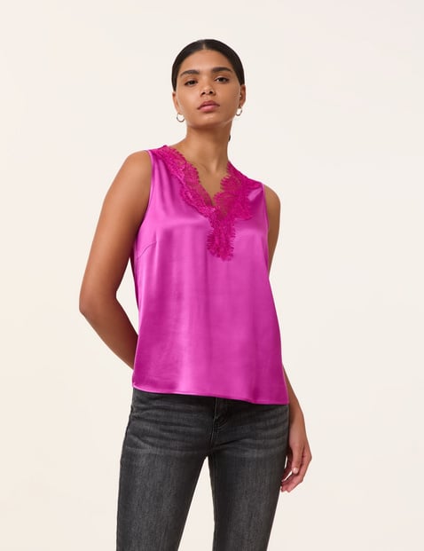 TAIFUN Damen Satin-Top mit Spitze 62cm Ärmellos V-Ausschnitt, Pink von Taifun