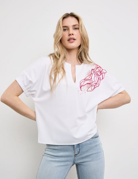 TAIFUN Damen Shirt mit Stickerei 60cm Kurzarm V-Ausschnitt Viskose Weiss von Taifun