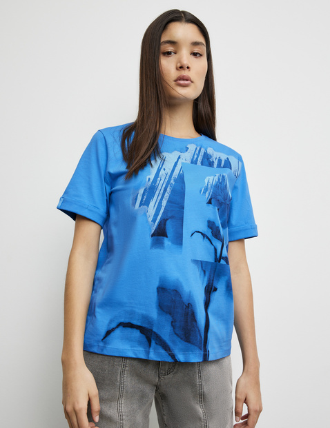 TAIFUN Damen T-Shirt aus Baumwolle 64 cm Rundhals Kurzarm Blau von Taifun