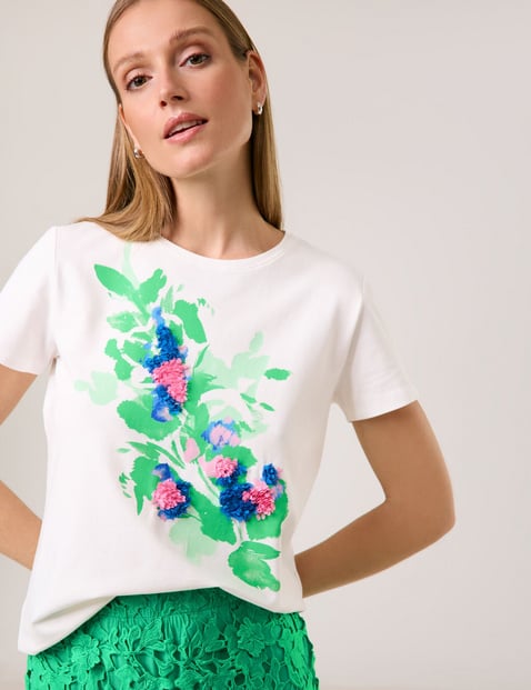 TAIFUN Damen T-Shirt mit Blüten-Applikation Baumwolle 62 cm Rundhals Kurzarm Grün von Taifun