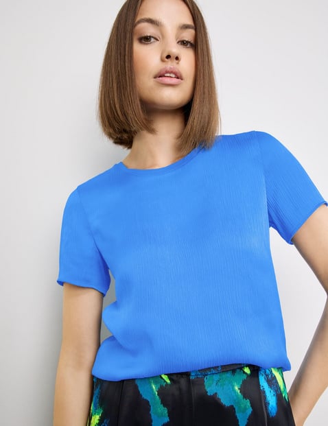 TAIFUN Damen T-Shirt mit Crinkle-Effekt 64cm Kurzarm Rundhals Viskose Blau von Taifun