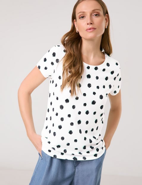 TAIFUN Damen T-Shirt mit Dots aus Interlock-Jersey 62 cm Rundhals Kurzarm gepunktet Blau von Taifun