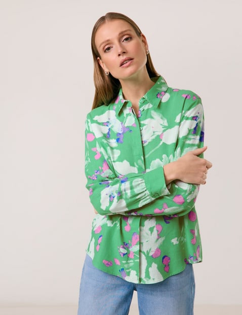 TAIFUN Damen Turn-up Bluse aus Viskose-Leinen-Mix 64 cm Hemdkragen Langarm floral Grün von Taifun