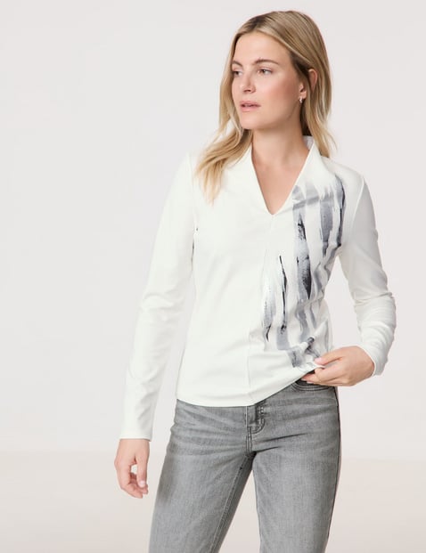 TAIFUN Damen V-Shirt mit platziertem Print 62cm Langarm V-Ausschnitt Weiss von Taifun