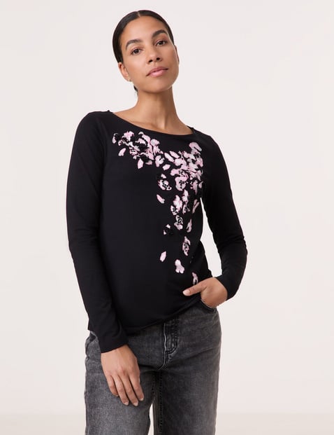 TAIFUN Damen Verziertes Langarmshirt aus Bio-Baumwolle 62cm Rundhals Schwarz von Taifun