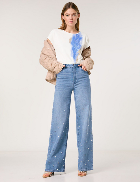 TAIFUN Damen Wide Leg Jeans mit Perlenzier Normale Leibhöhe Blau von Taifun