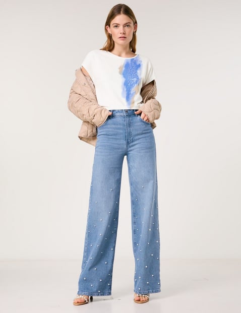 TAIFUN Damen Wide Leg Jeans mit Perlenzier Baumwolle Normale Leibhöhe Blau von Taifun