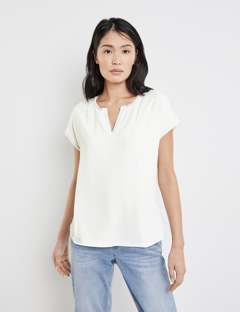 TAIFUN Damen Blusenshirt mit Chiffon-Overlayer Viskose 62 cm Rundhals Kurzarm unifarben Weiss TAIFUN Damen Blusenshirt mit Chiffon-Overlayer Viskose 62 cm Rundhals Kurzarm unifarben Weiss von Taifun