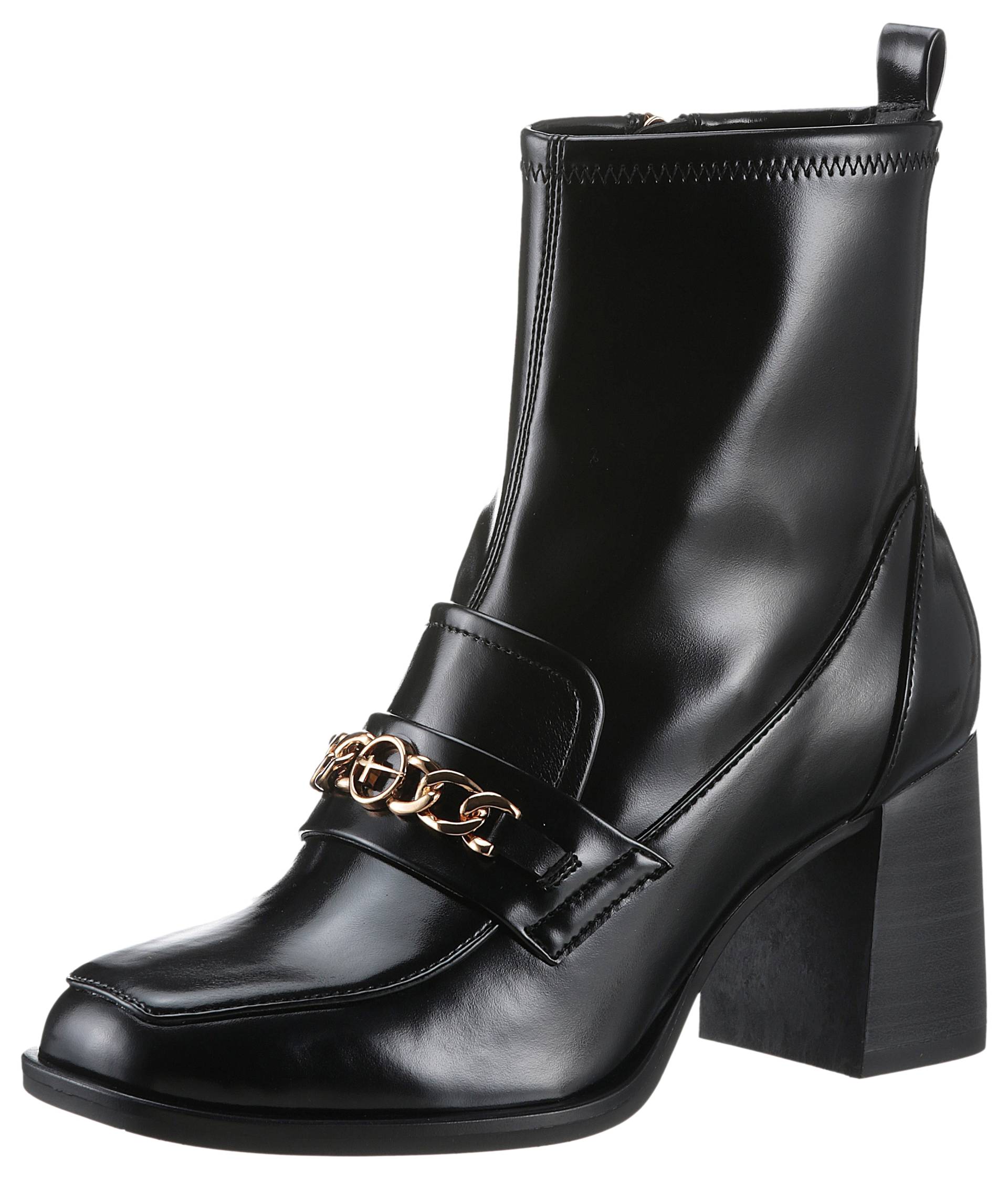Tamaris Stiefelette, Blockabsatz, Partyschuh mit eleganter Zierkette und Logoemblem von Tamaris