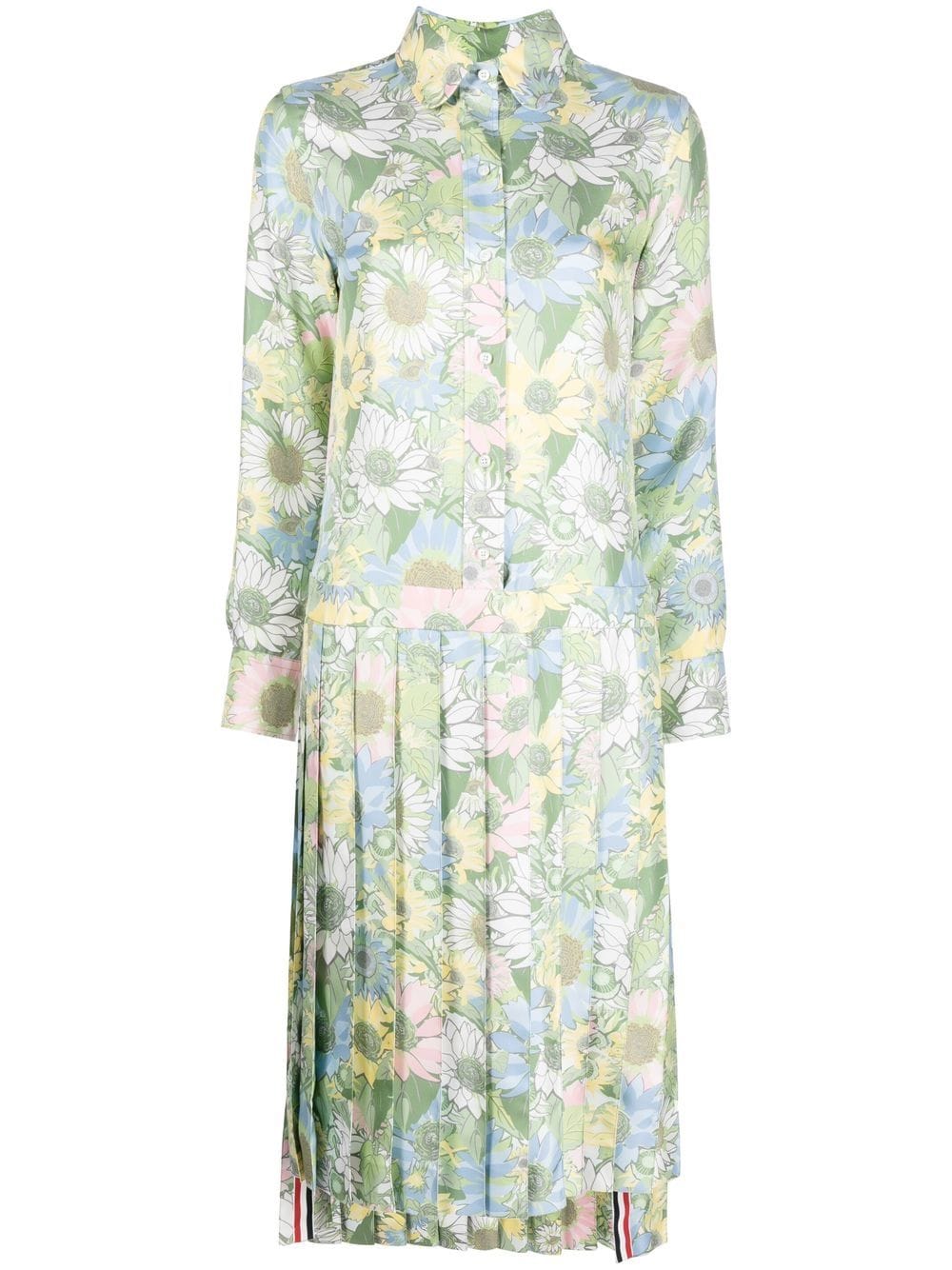 Thom Browne pleated floral-print shirt dress - Green von Thom Browne