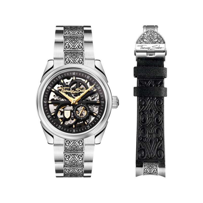 Thomas Sabo Automatikuhr mit 41 mm, schwarzem Zifferblatt und Akanthusmuster silberfarben schwarz SET_WA0413-201-203-41 MM von Thomas Sabo