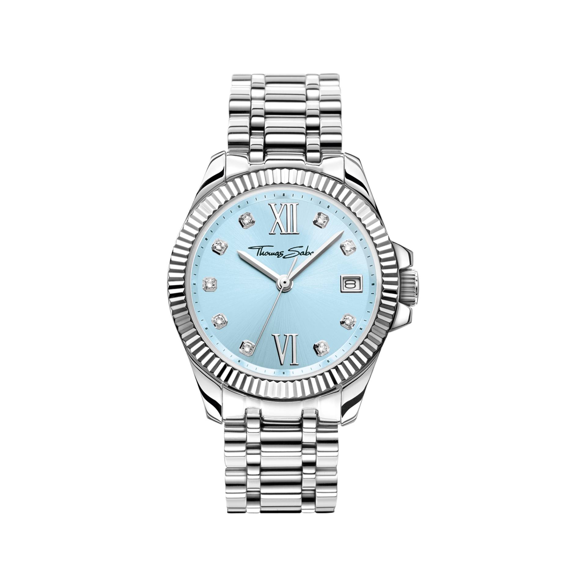 Thomas Sabo Damenuhr Divine Blue mit hellblauem Zifferblatt und weißen Steinen Silber blau WA0405-201-209-33 MM von Thomas Sabo