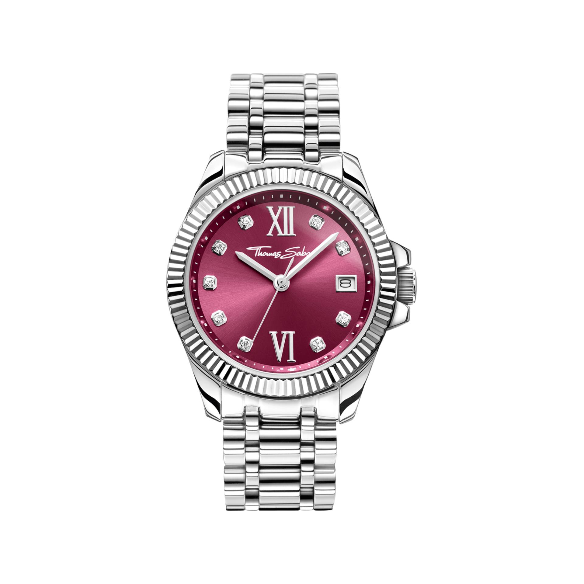 Thomas Sabo Damenuhr Divine Burgundy mit weinrotem Zifferblatt und weißen Steinen Silber mehrfarbig WA0407-201-212-33 MM von Thomas Sabo