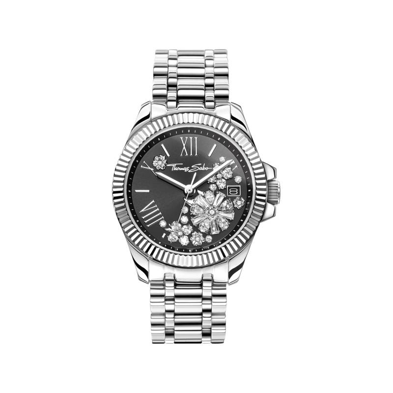 Thomas Sabo Damenuhr mit 33 mm, schwarzem Zifferblatt und weißen Blumen silberfarben silberfarben WA0421-201-201-33 MM von Thomas Sabo