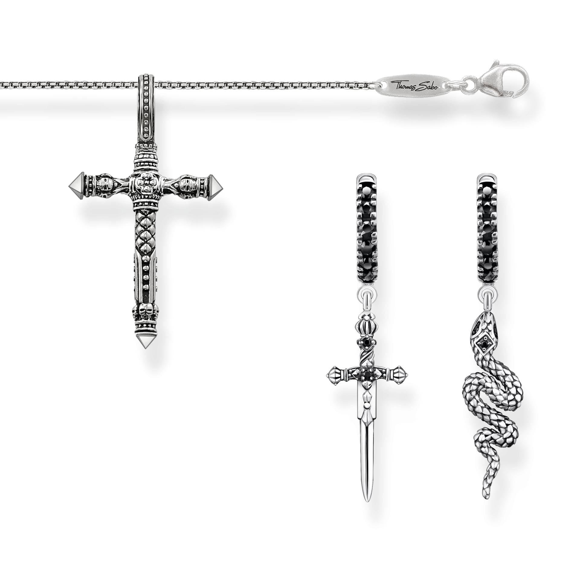 Thomas Sabo Rebel Cross Set: Geschwärzte Creolen, Anhänger & Venezia Halskette in Silber schwarz SET0693-643-11-L60 von Thomas Sabo