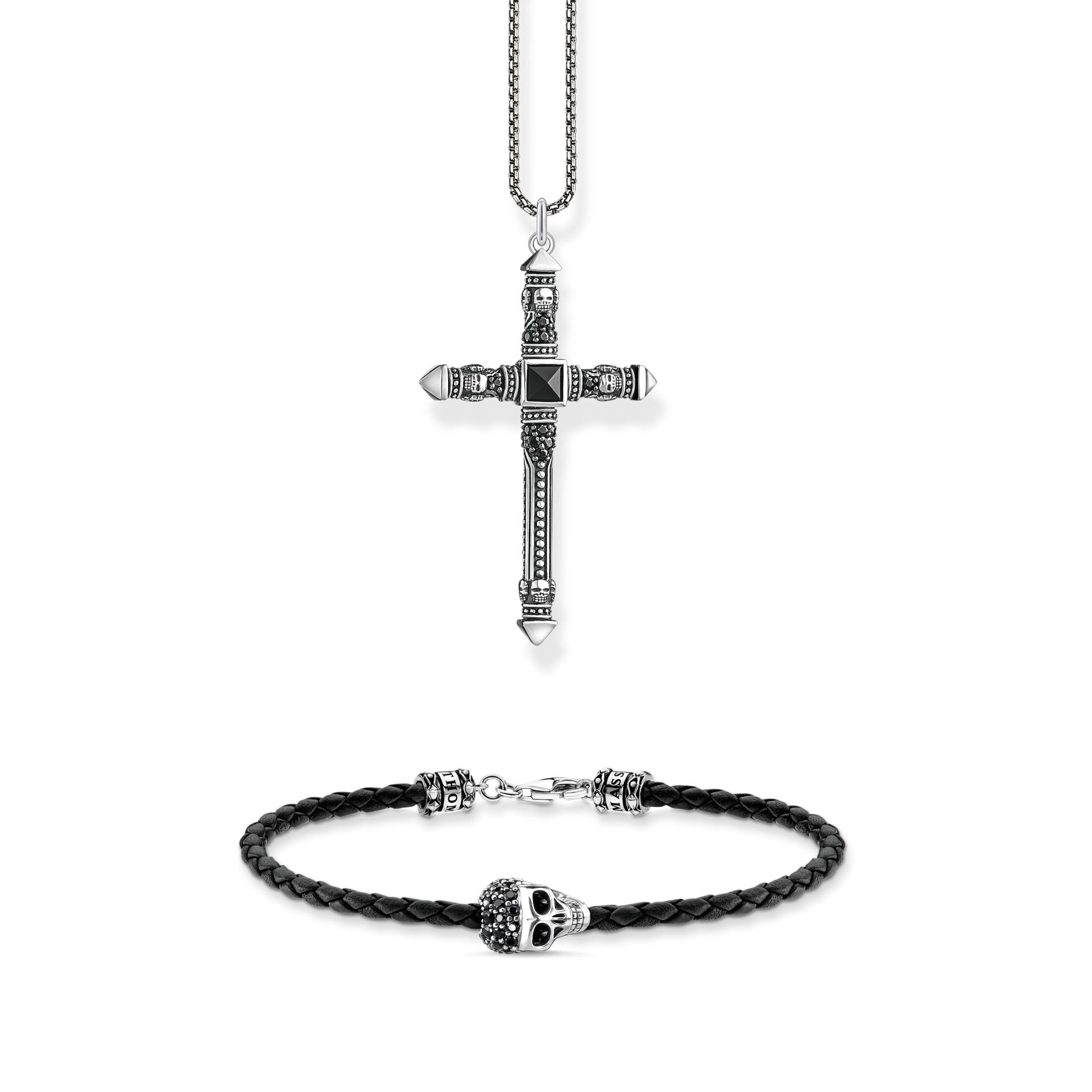 Thomas Sabo Schmuck-Set: Armband mit Totenkopf & Kreuz-Halskette in Silber schwarz SET0695-805-11-L17,5 von Thomas Sabo