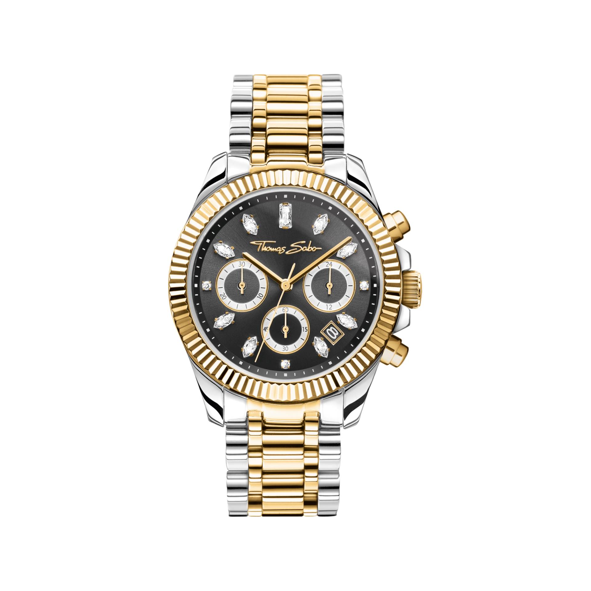 Thomas Sabo Uhr Divine Chrono mit Zifferblatt in Schwarz gelbgoldfarben silberfarben WA0398-291-201-38 MM von Thomas Sabo