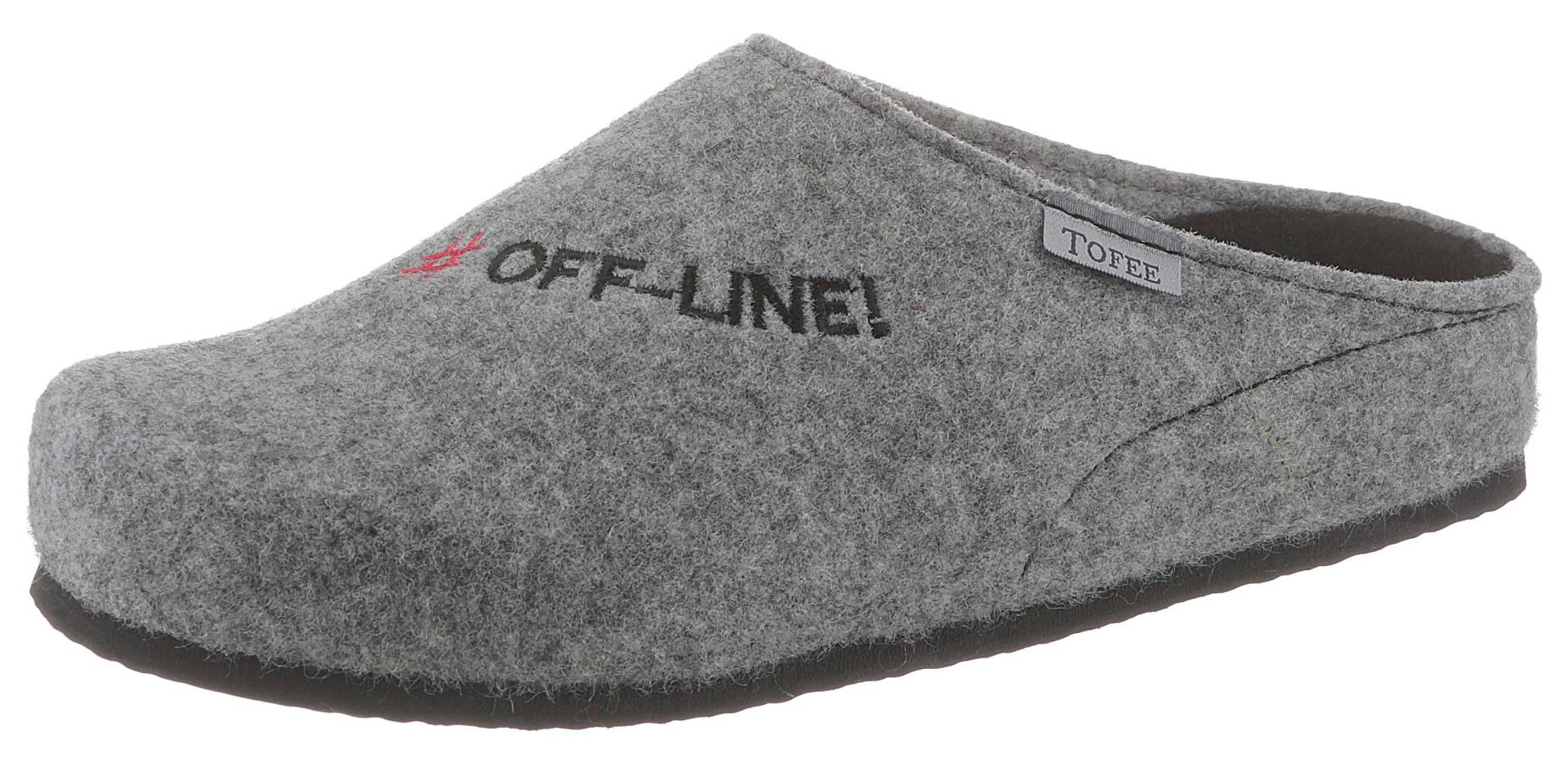 Tofee Pantoffel, mit Schriftzug "#Off-Line!" von Tofee