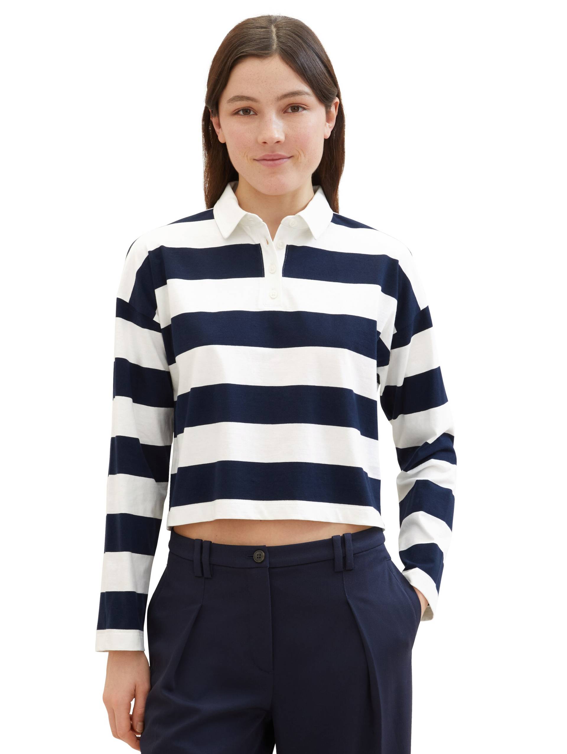 TOM TAILOR Denim Langarm-Poloshirt, mit Streifen und Polokragen, extra kurz TOM TAILOR Denim Langarm-Poloshirt, mit Streifen und Polokragen, extra kurz von Tom Tailor Denim
