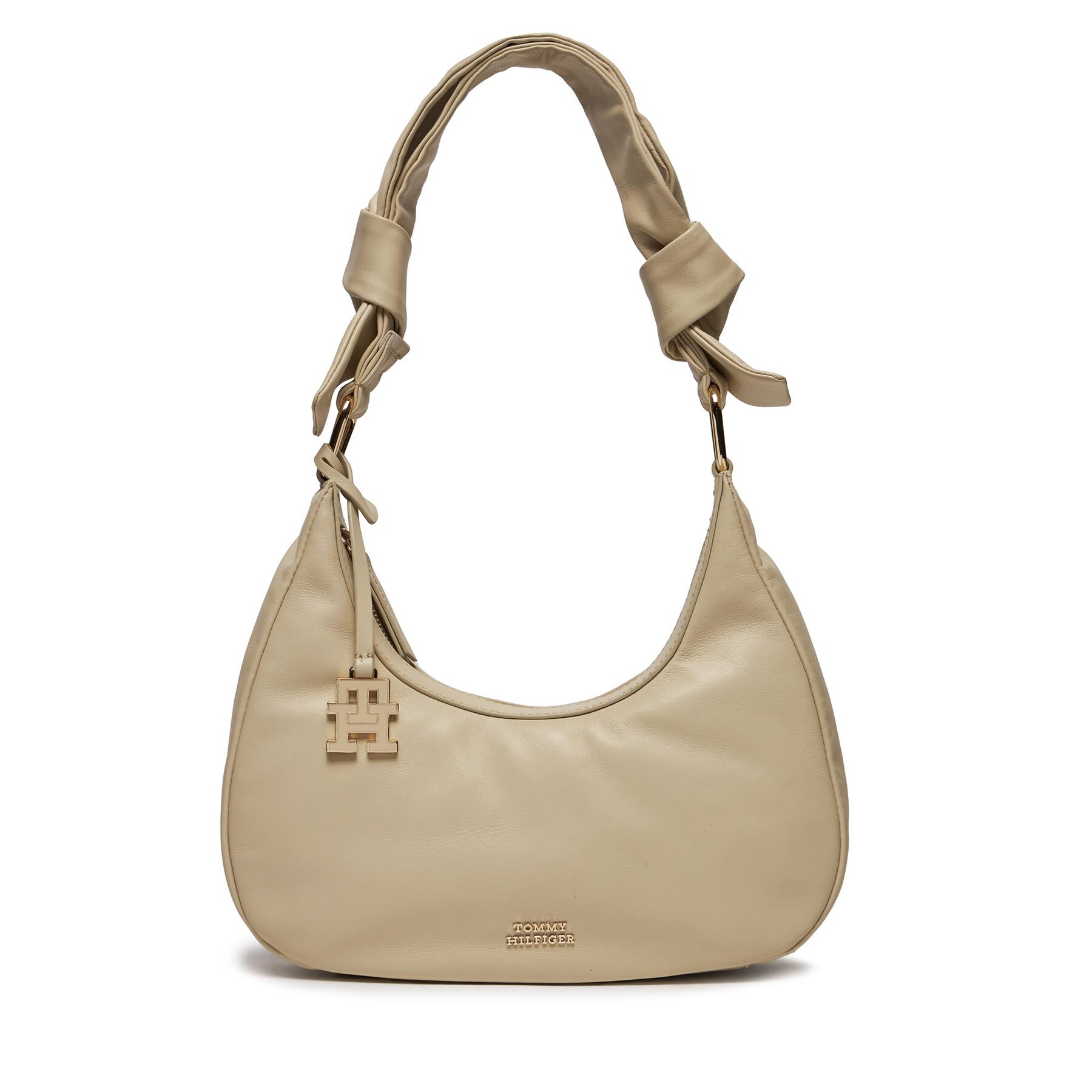 Handtasche Tommy Hilfiger Pushlock Leather Hobo AW0AW16073 Écru von Tommy Hilfiger