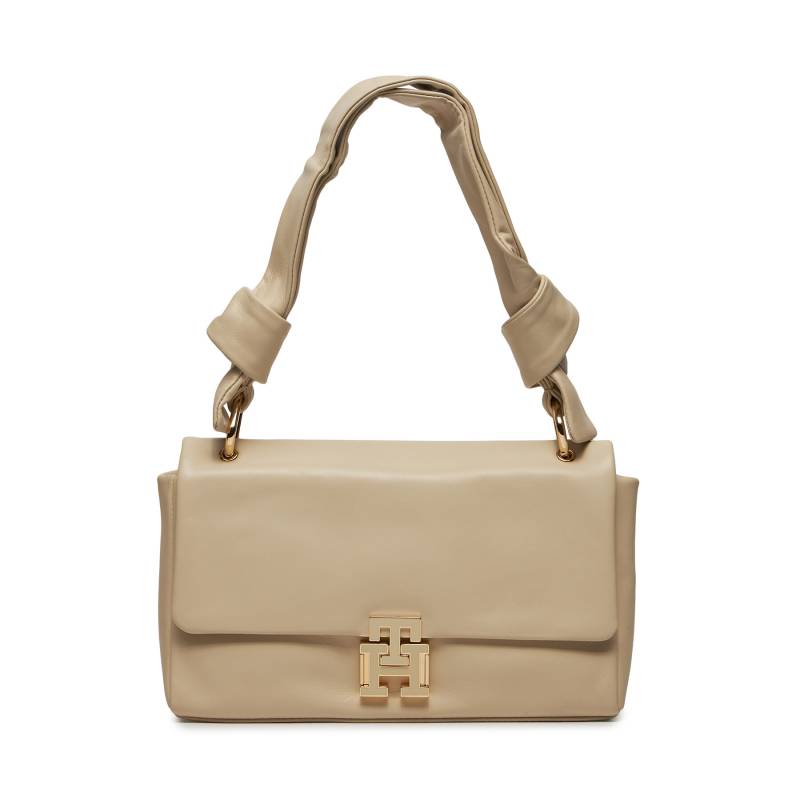 Handtasche Tommy Hilfiger Pushlock Leather Shoulder Bag AW0AW15685 Beige von Tommy Hilfiger