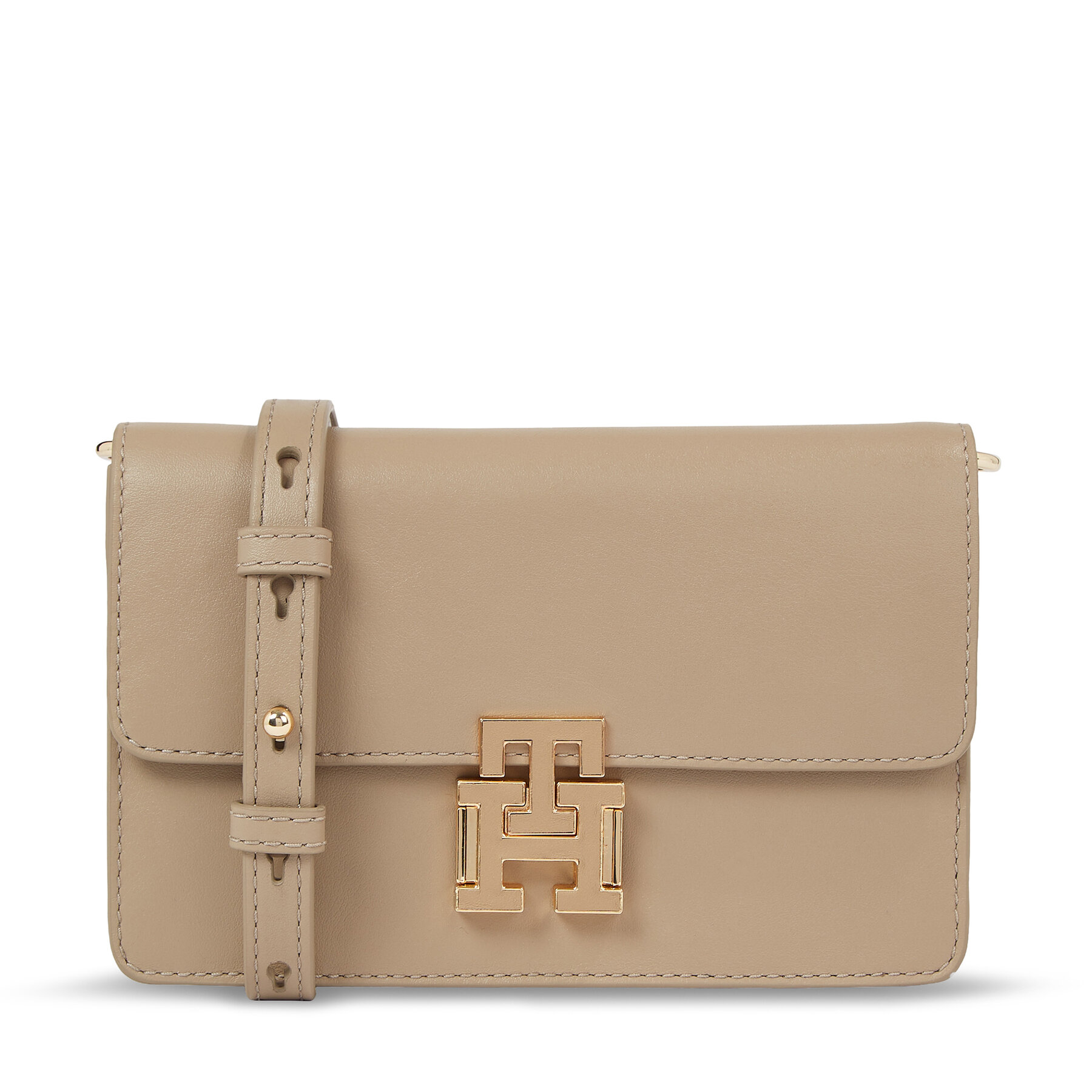 Handtasche Tommy Hilfiger Pushlock Leather Small Crossover AW0AW15227 Beige von Tommy Hilfiger