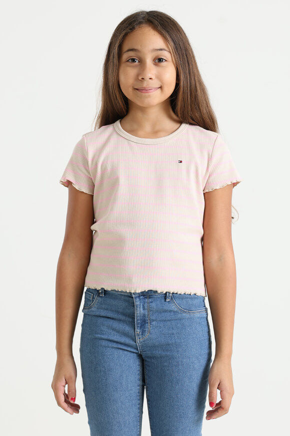 Tommy Hilfiger Geripptes Crop T-Shirt | Classic Beige + Pink Sugar | Mädchen  | 10 von Tommy Hilfiger