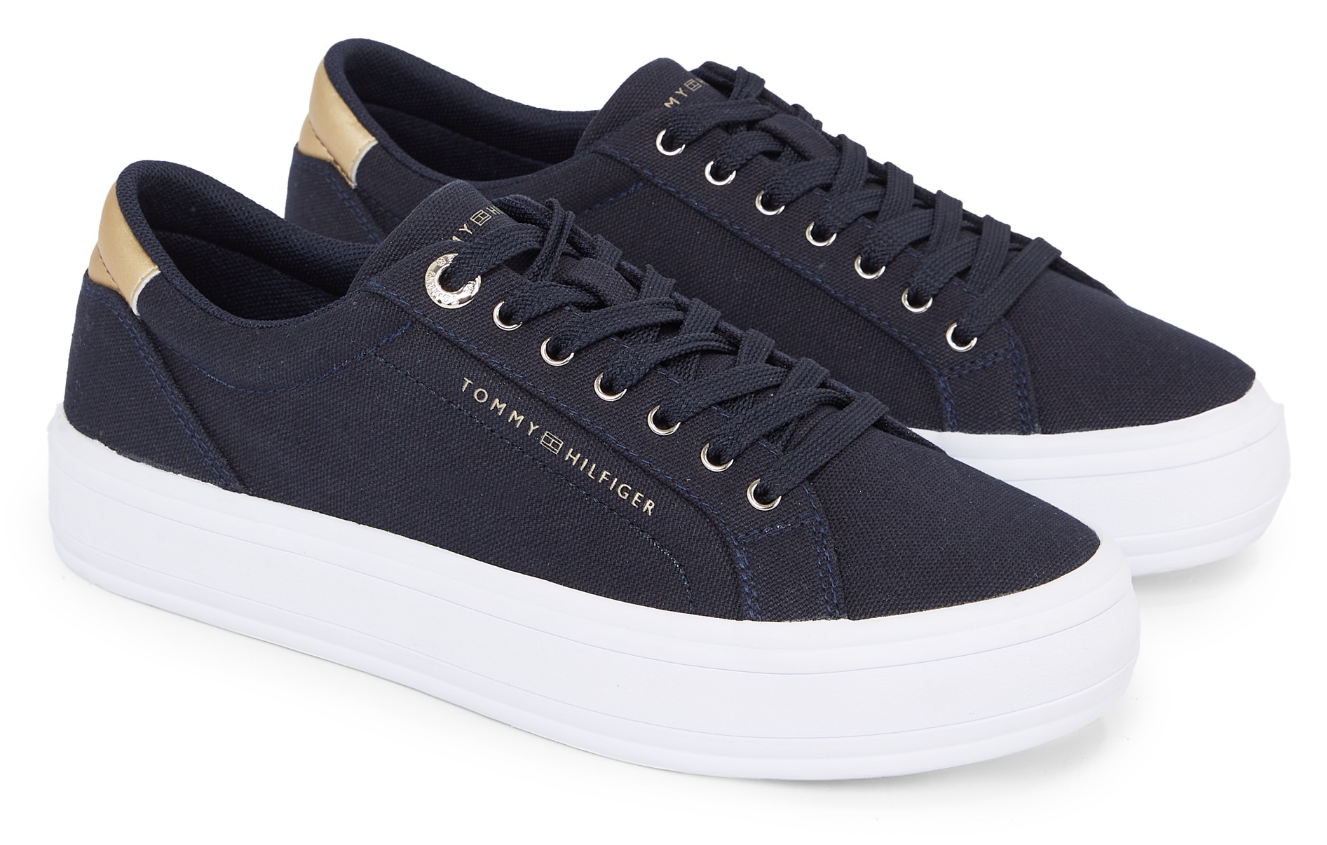 Tommy Hilfiger Plateausneaker »ESSENTIAL VULC CANVAS SNEAKER«, Kontrastbesatz in Metallicoptik, Freizeitschuh, Halbschuh, Schnürschuh von Tommy Hilfiger