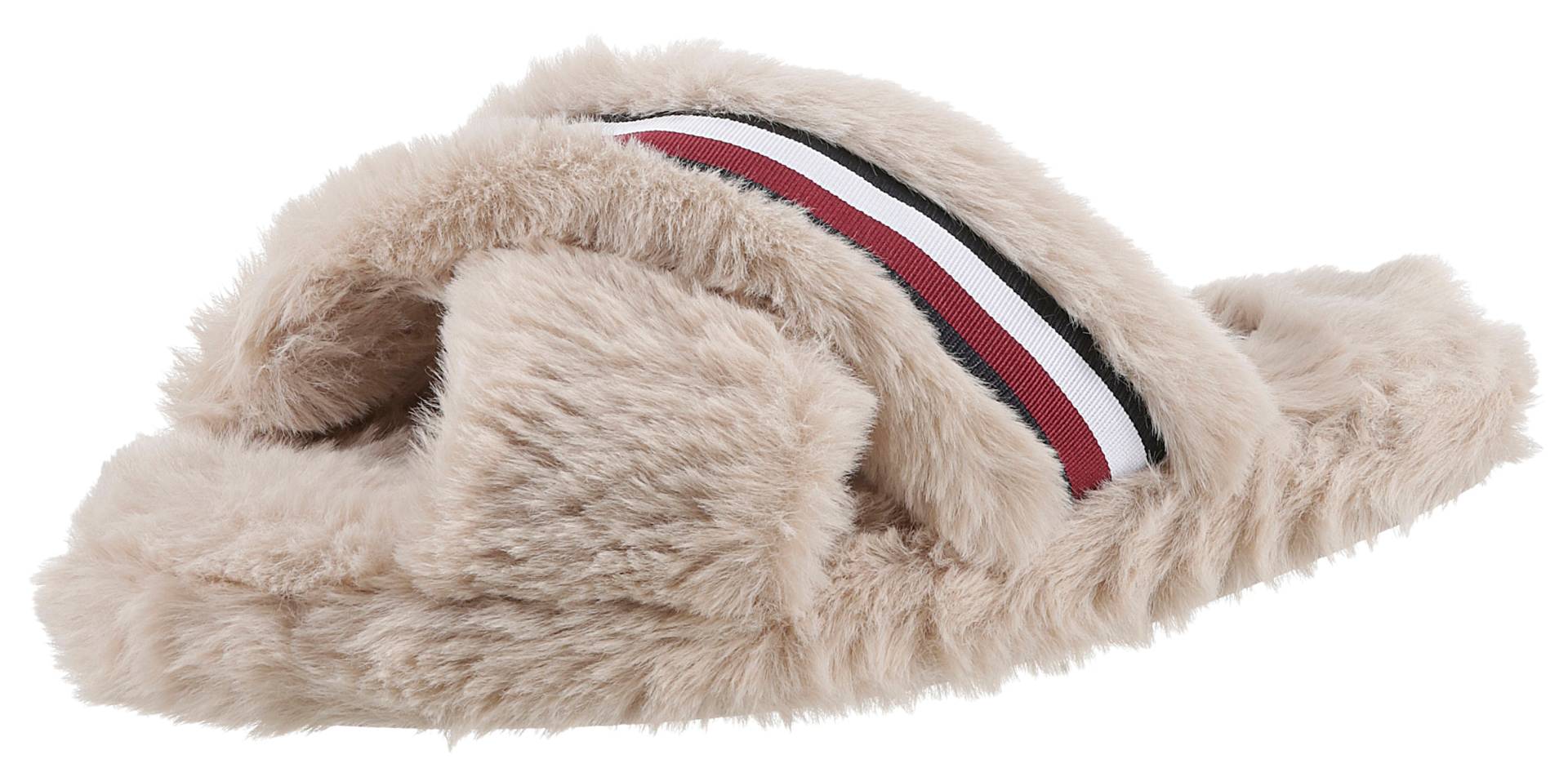 Tommy Hilfiger Plüsch Hausschuhe »FUR CROSS STRAP HOME SLIPPER«, mit Streifen in Tommy Farben von Tommy Hilfiger