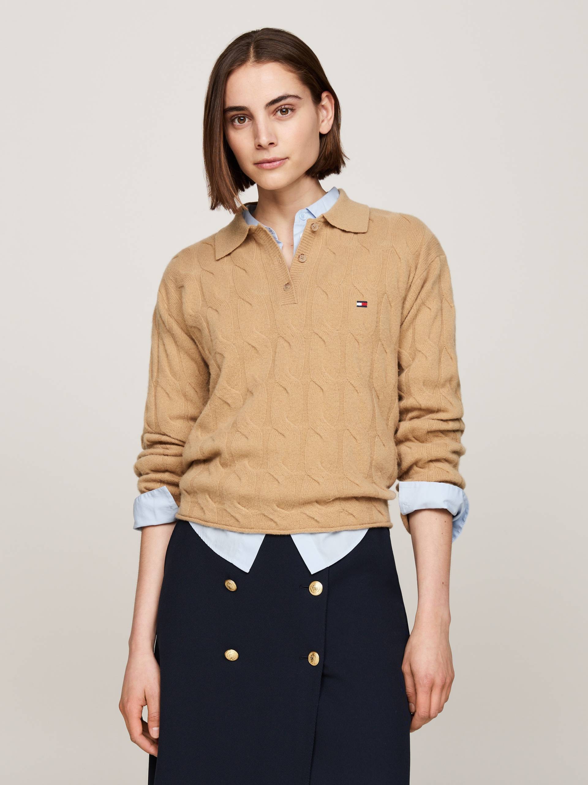 Tommy Hilfiger Polokragenpullover »SOFT WOOL CABLE POLO SWEATER«, mit Kragen & Knopfleiste, Zopfmuster allover von Tommy Hilfiger