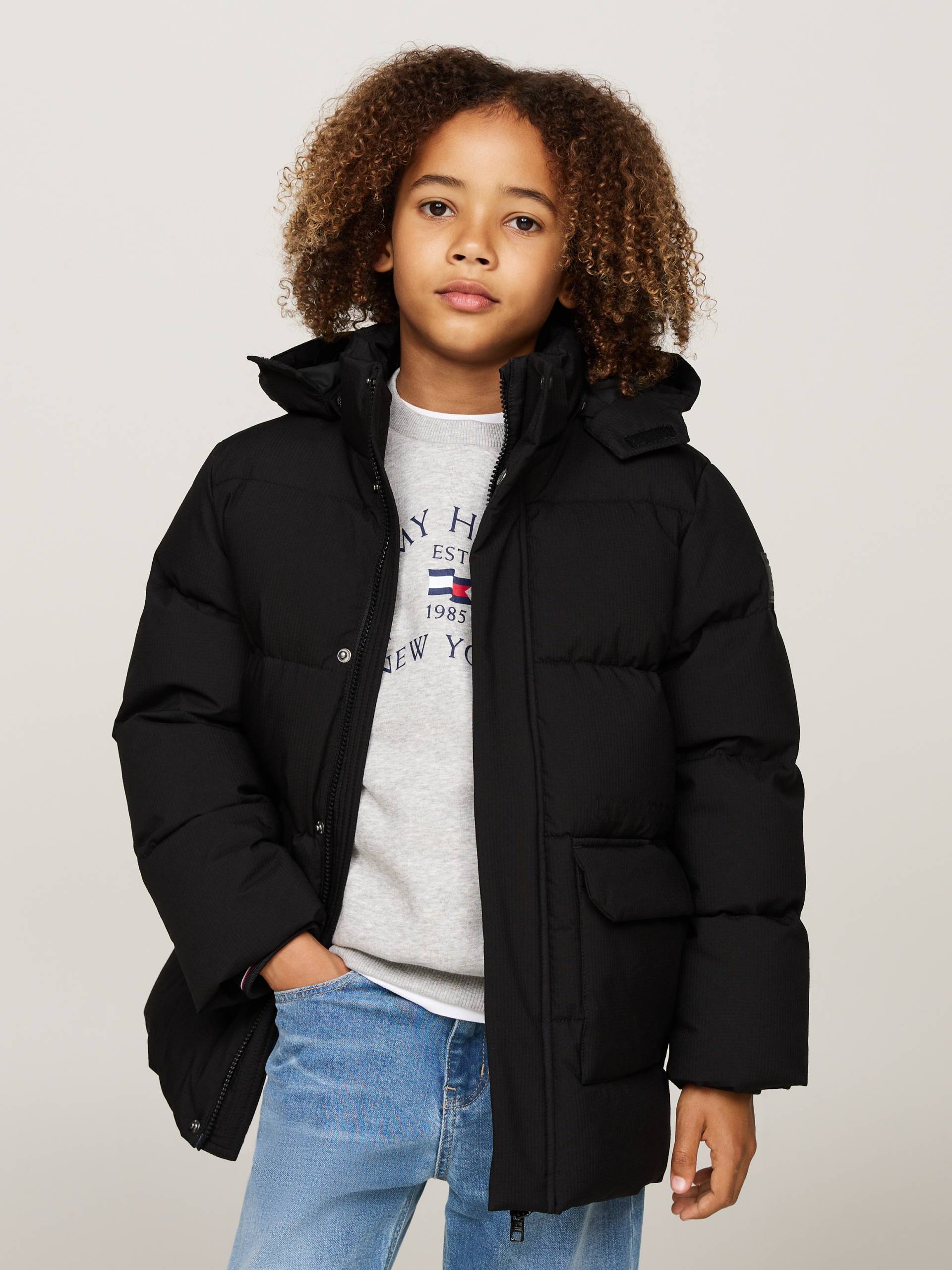 Tommy Hilfiger Steppjacke »MONOTYPE RIBSTOP PUFFER JACKET«, mit Kapuze, mit Kontrast-Streifen, Logoschriftzug von Tommy Hilfiger