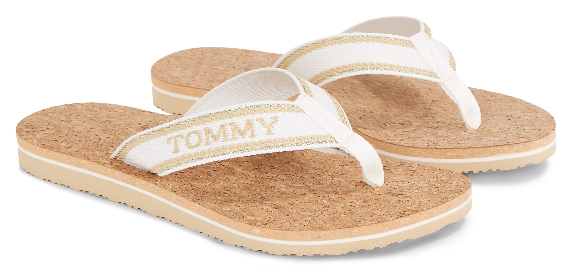 Tommy Hilfiger Zehentrenner »HILFIGER CORK BEACH SANDAL«, Sommerschuh, Schlappen, Poolsildes mit Logoschriftzug von Tommy Hilfiger