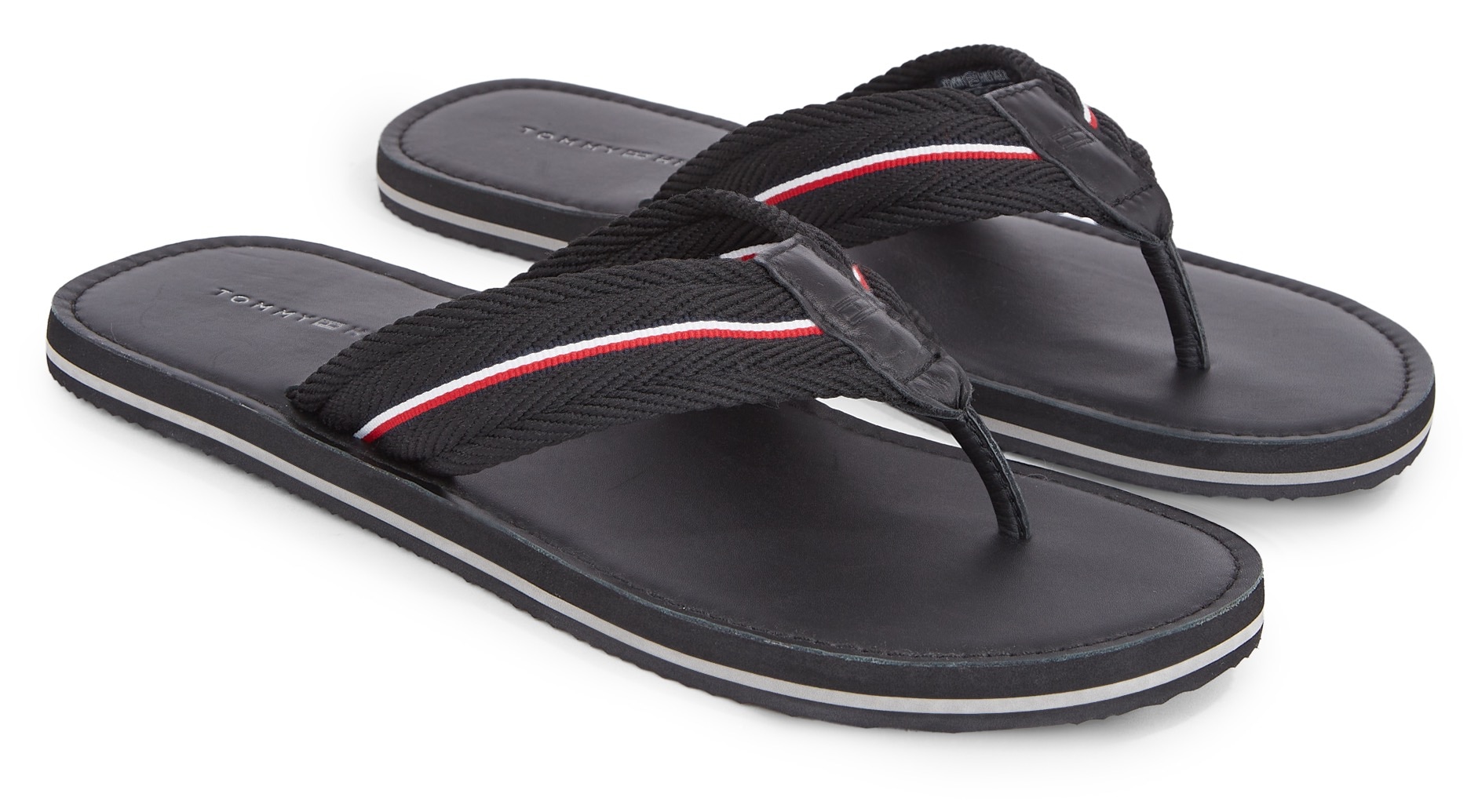 Tommy Hilfiger Zehentrenner »HILFIGER LEATHER BEACH SANDAL«, Sommerschuh, Schlappen, Poolslides, Badeschuh, mit Streifen von Tommy Hilfiger