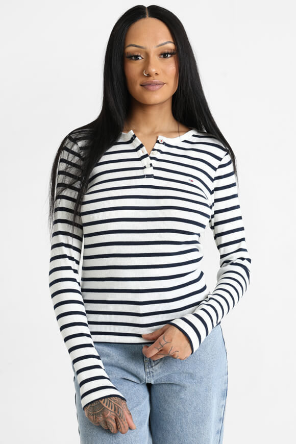 Tommy Jeans Button geripptes Langarmshirt | Navy + White | Damen  | S von Tommy Jeans