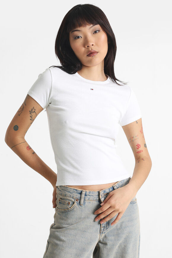 Tommy Jeans Essential Geripptes T-Shirt | White | Damen  | M von Tommy Jeans