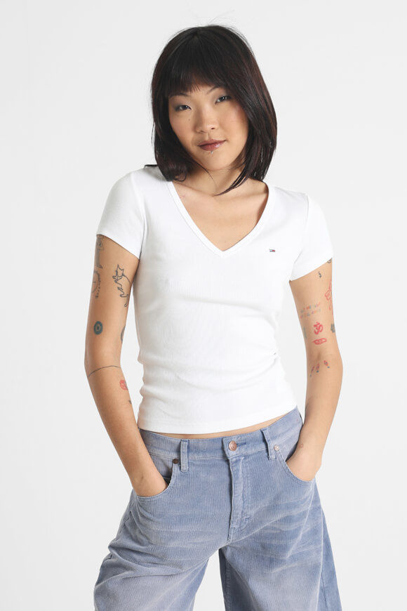 Tommy Jeans Essential Geripptes T-Shirt | White | Damen  | M von Tommy Jeans