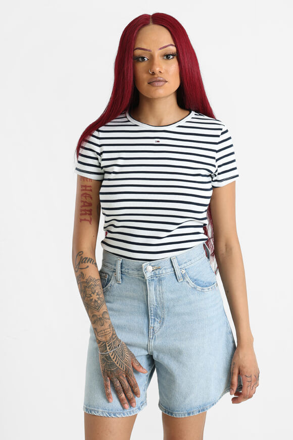 Tommy Jeans Essential geripptes T-Shirt | Offwhite + Navy | Damen  | M von Tommy Jeans