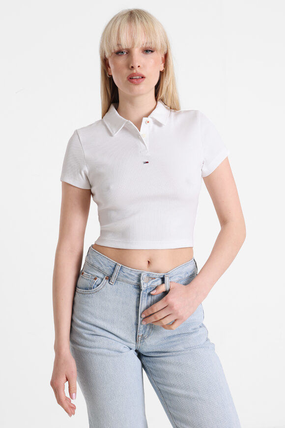 Tommy Jeans Geripptes Crop Poloshirt | White | Damen  | XS von Tommy Jeans