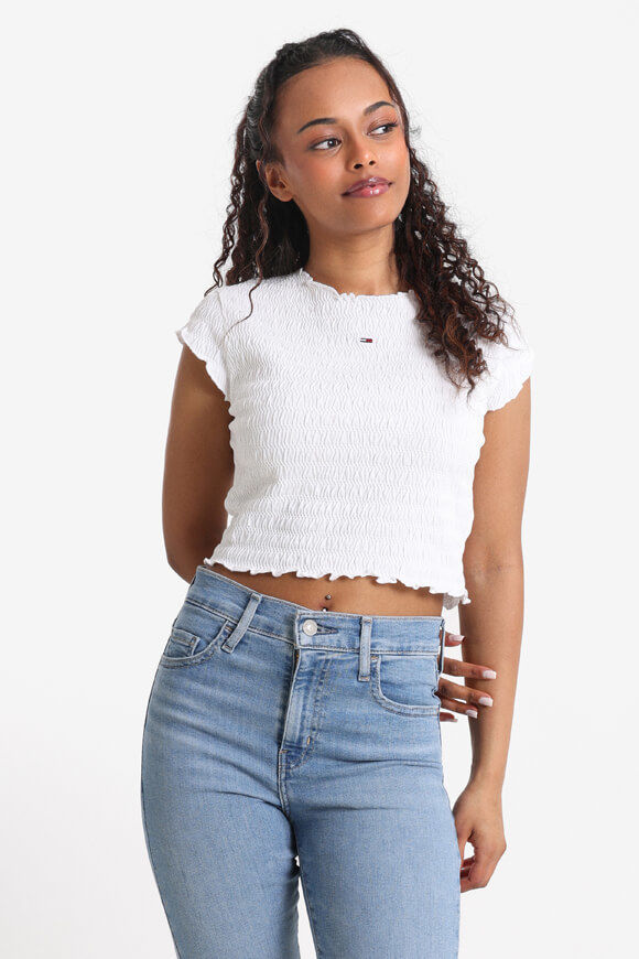 Tommy Jeans Gesmoktes Crop T-Shirt | White | Damen  | S von Tommy Jeans