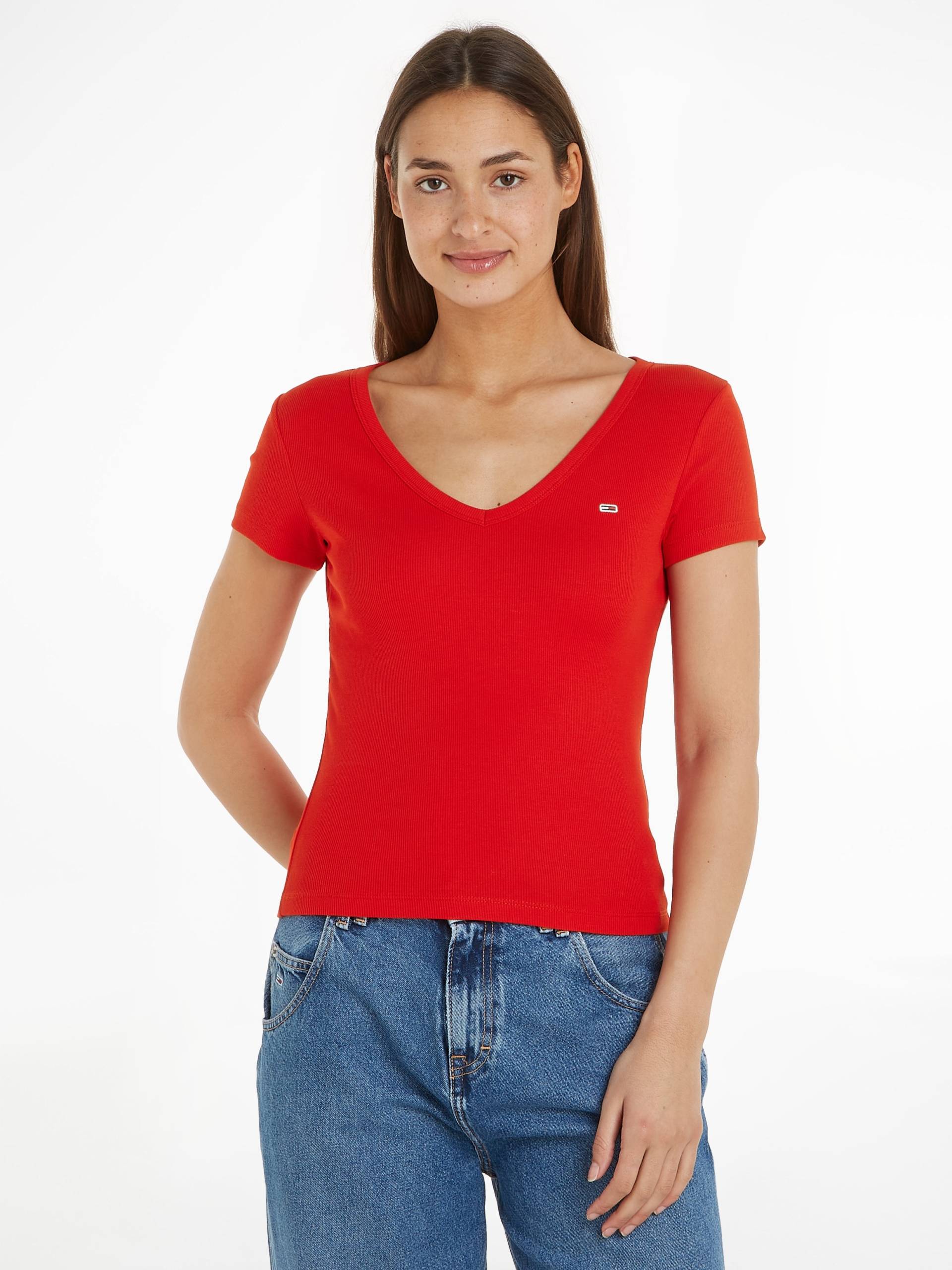 Tommy Jeans T-Shirt »Slim Essential Rib V-Neck Rippshirt«, mit Logostickerei von Tommy Jeans