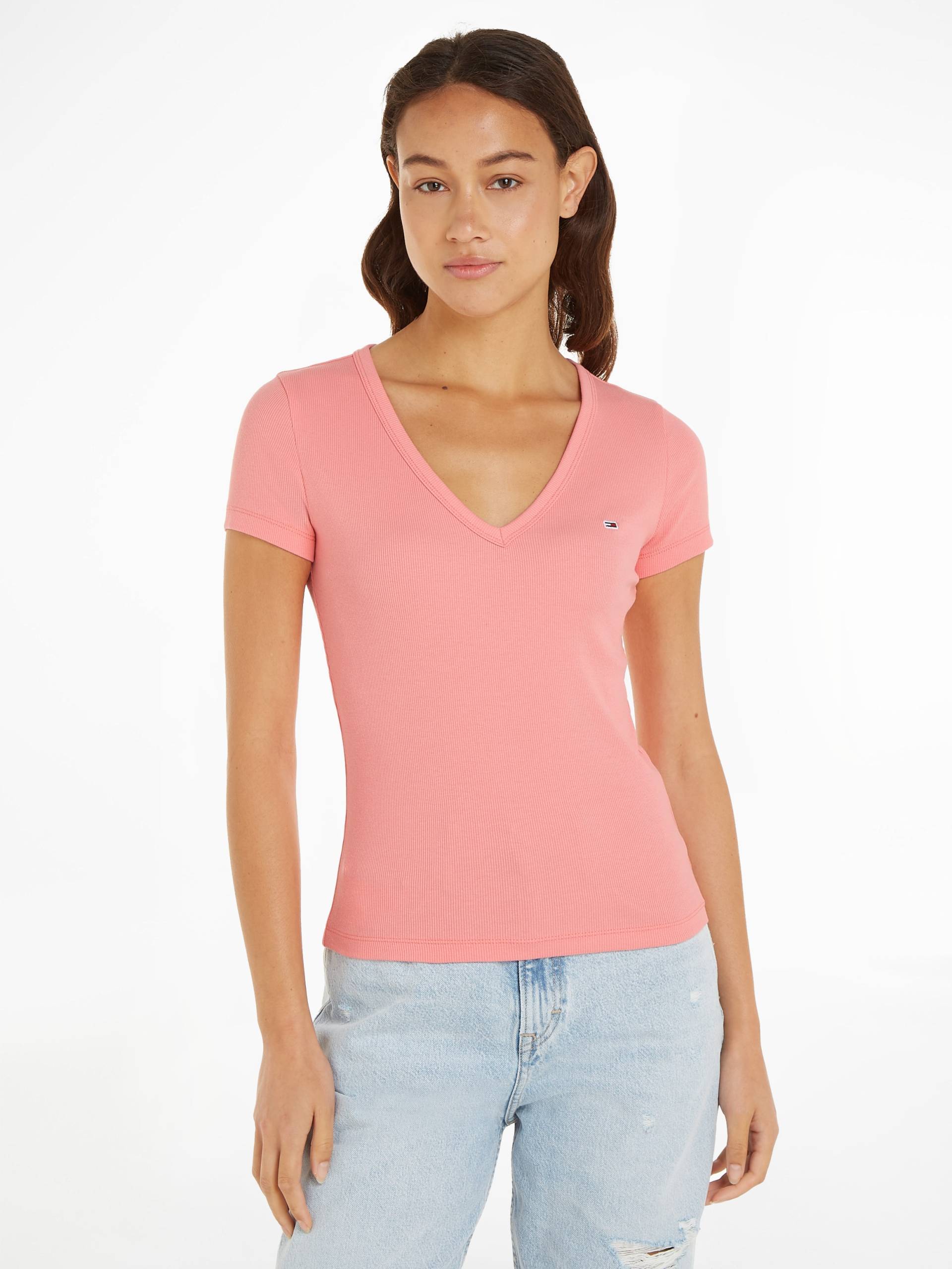 Tommy Jeans T-Shirt »Slim Essential Rib V-Neck Rippshirt«, mit Logostickerei von Tommy Jeans