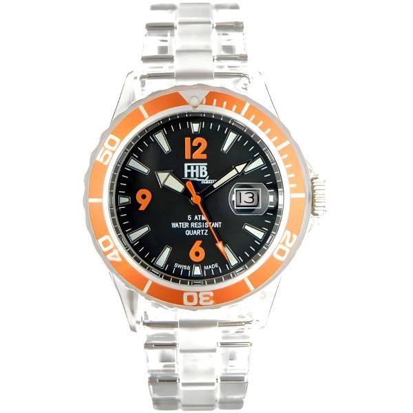 FHB Fun Watch, Opaque Quartz Uhr mit Gliederarmband schwarz/orange von Top Watches