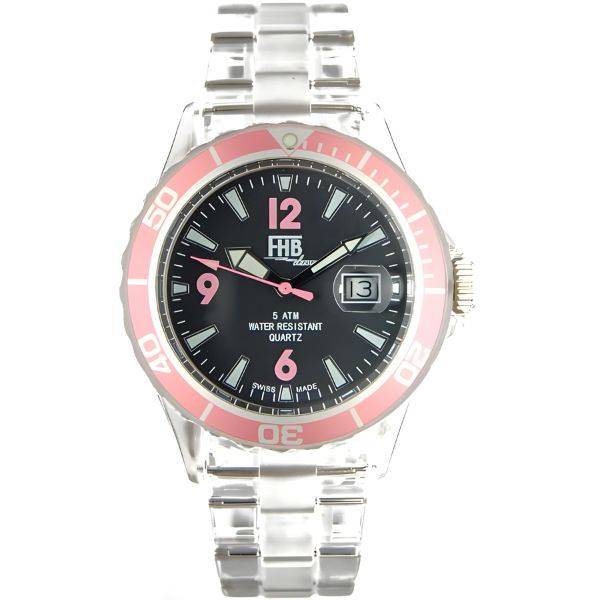 FHB Fun Watch, Opaque Quartz Uhr mit Gliederarmband schwarz/rosa von Top Watches