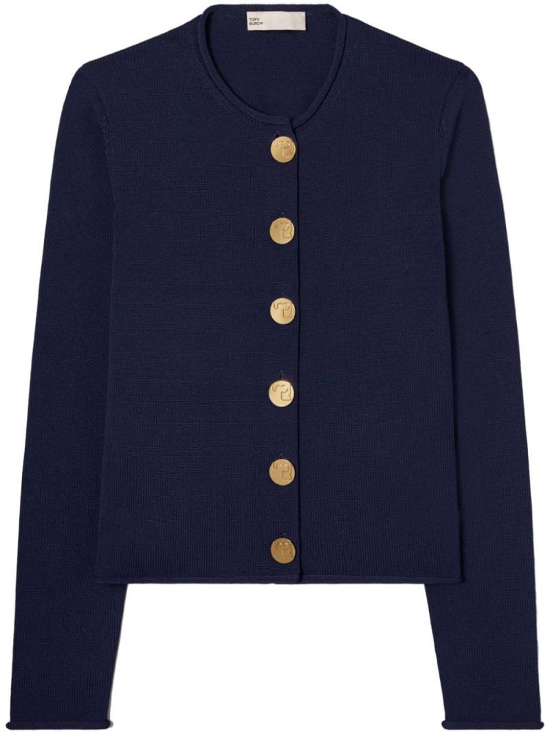 Tory Burch logo-engraved button fine-knit cardigan - Blue von Tory Burch