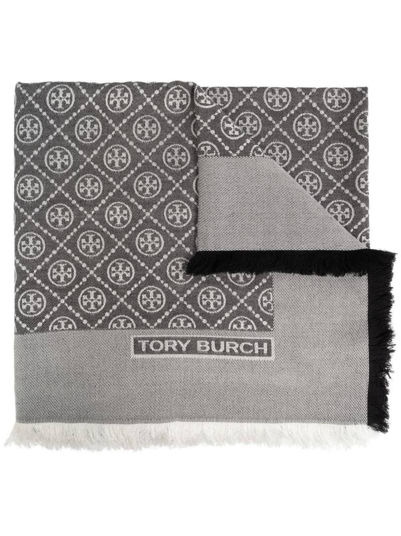 Tory Burch monogram fringed scarf - Grey von Tory Burch