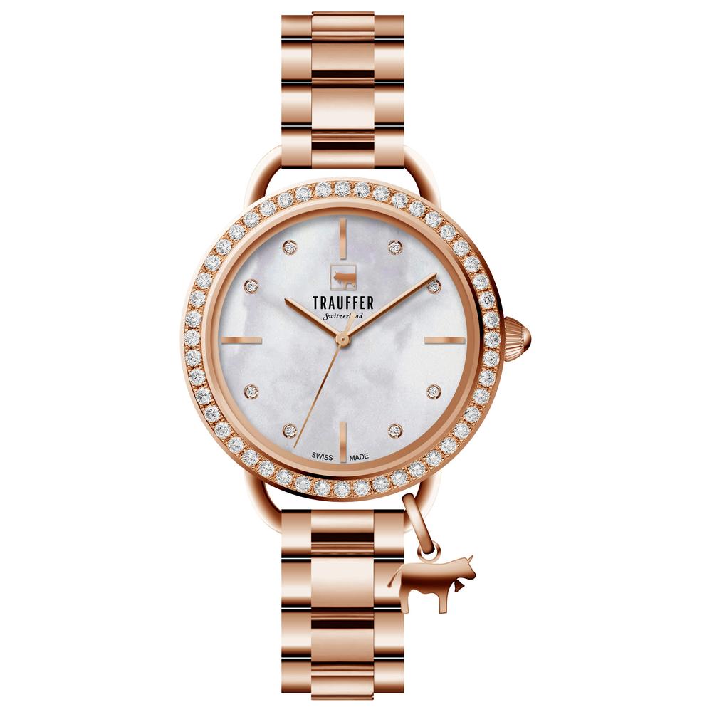 Trauffer Damen Uhr Edelstahl Zirkonia rosé IP beschichtet Perlmutt Ø32 mm von Trauffer