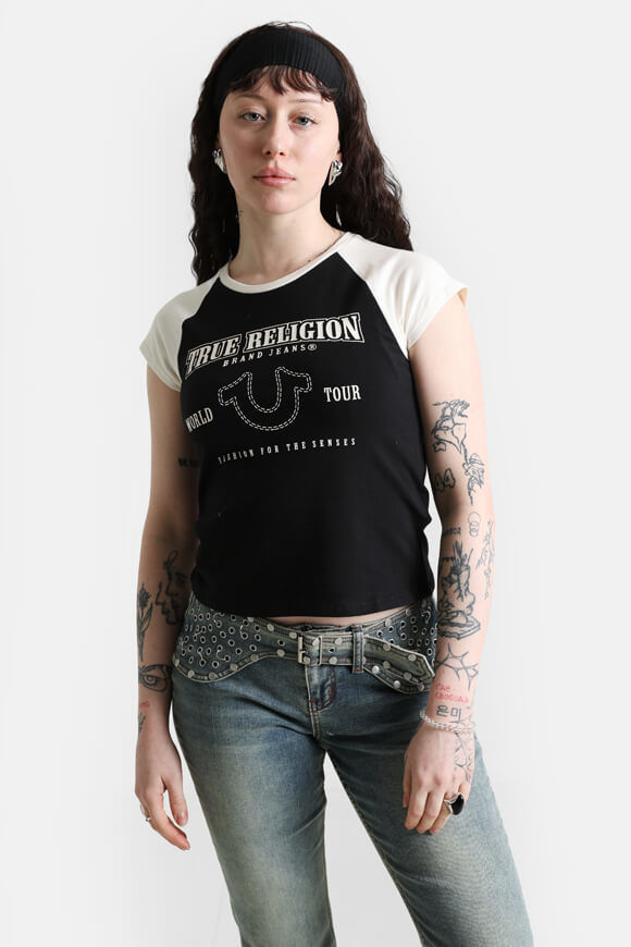 True Religion Raglan T-Shirt | Black + Offwhite | Damen  | L von True Religion