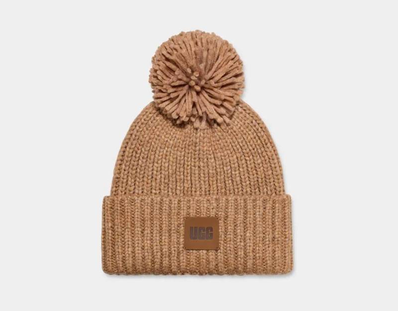 W Chunky Rip Knit Beanie W Pom-0 Damen Beige ONE SIZE von UGG